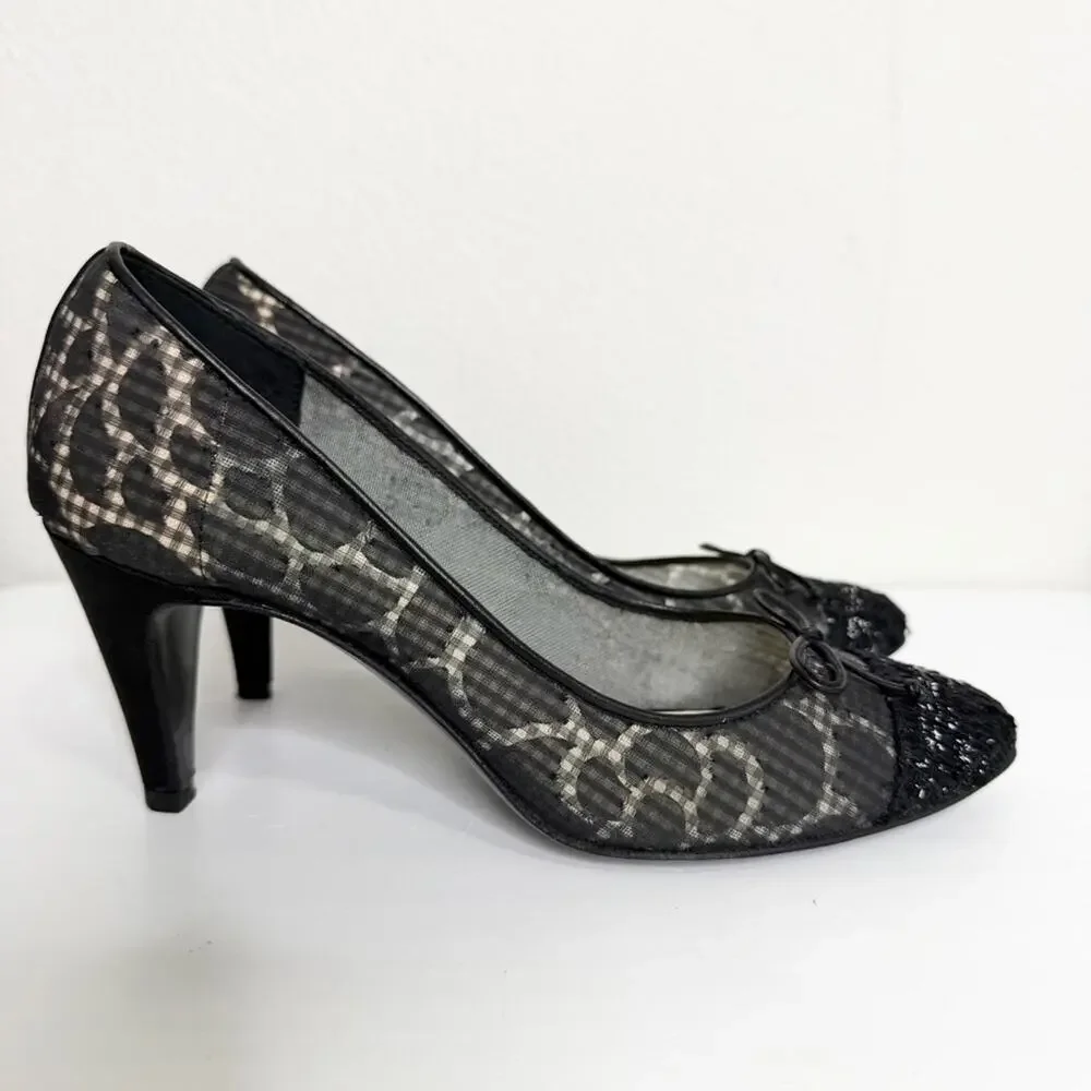 Chanel Black Mesh Tweed Cap Toe Bow Pumps Heels 37.5